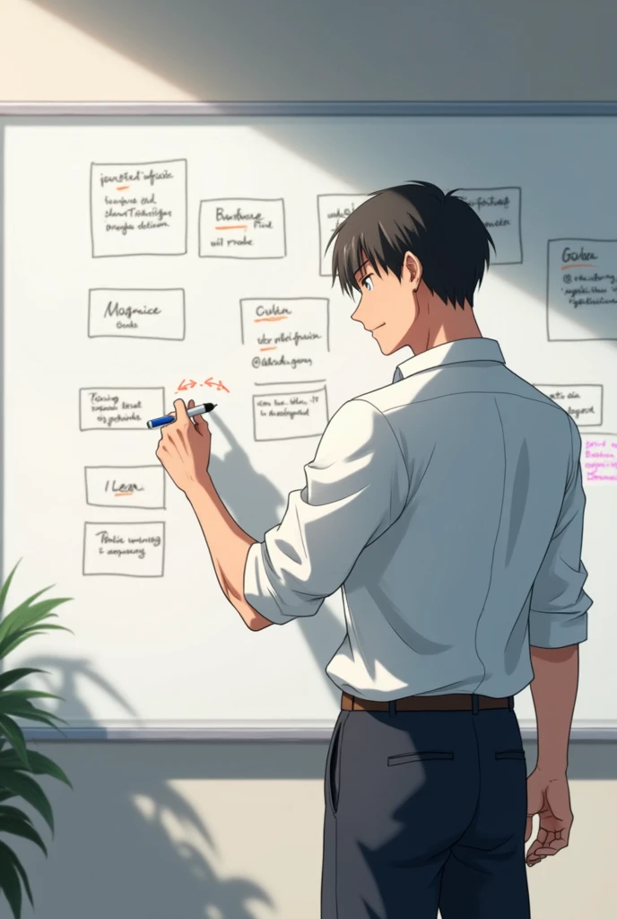 A man setting goals on white board . Anime pic look realistic