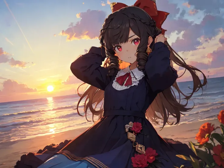 Solo, 1 Girl, (Human Ears, Earrings), (Red Eyes,  Body Type, Flat Chest), (Dark Hair, Vertical Rolls, Long Hair, Hair Tie Back With Big Red Ribbon, Flower In Bangs), (Serious Expression), (Laying Face On Air Mattress, Hands On Head, Looking At Camera), (Ru...