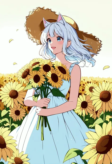 monet and da vinchi art style, picking up a flower, carrying flowers, beautiful sunflower anime girl, zerochan art, in a field of flowers, with flowers, detailed fanarta, girl, cat ears, white hair, medium hair, sundress, flowers, sunflower field, beautifu...