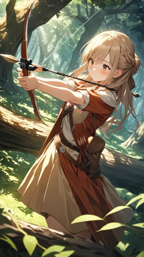 1 girl, (cute face), 18 years old, to many hairstyle, blush, Gazing into the distance, medium breasts, wearing fantasy game style archer costume, (knee length), Holding a weapon, Bow that shoots arrows,  Drawing a bow and aiming,, standing on a tree branch...