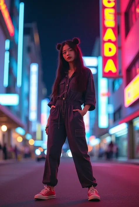  Se Korean woman with hair tie two bun ,  wearing casual jumpsuits ,  wearing Converse shoes , standing against the background of canada bullding neon,the night, hyper realitis hd 100k 