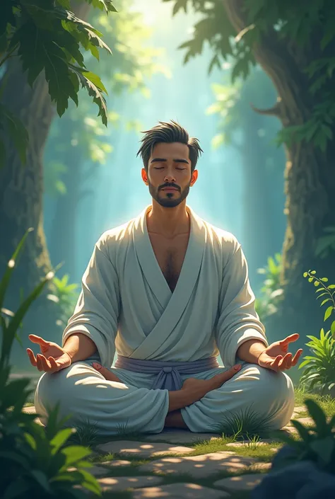 A man practicing meditation other than yoga. Anime pic look realistic