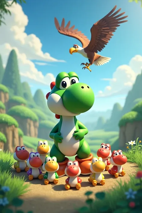 Yoshi avec 10 petits Yoshi et un aigle 