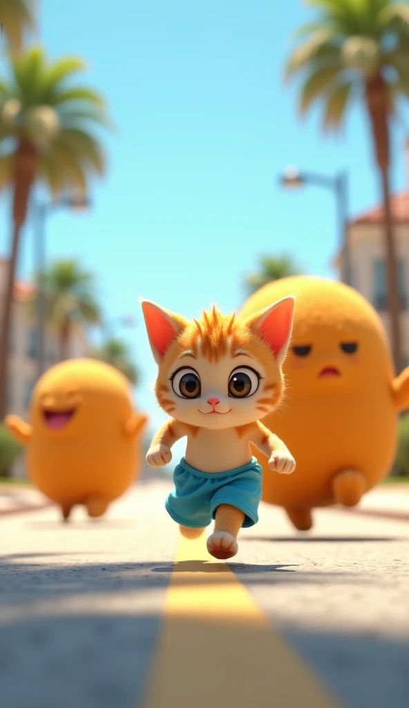 High quality 3D rendering of anthropomorphic cute kitten ,  wearing blue beach pants . was running because he was chasing a big nugget monster .  behind him there was a big nugget monster chasing the kitten.  The background should show the street on the ed...