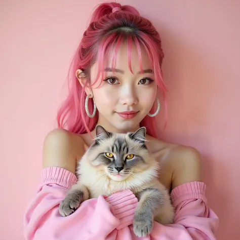 A Japanese woman in her 20s with big hoop earrings and pink off-the-shoulder top holding a cat, wearing pink hair combed back, real photo, ultra-high resolution, 4K