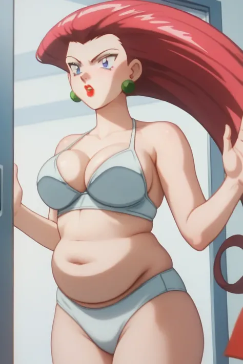 PMJessie Shocked, red hair, long hair, blue eyes, Prominent Neck,  face focus, lipstick, earrings, breasts, wear a white bikini, show full belly complete,  stucked between two glass, stucked,  tall height, triangle tall body, chubby belly, fair skin, face ...