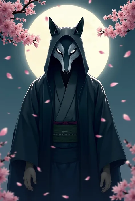 A man in kimono who conceals half of his face with a face-down fox mask
Cherry blossom petals in the moonlight