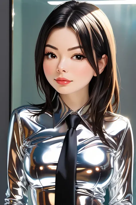 Miranda Cosgrove buttoned in extremely tight shiny latex blouse, Necktie,Lens reflection, Reflected light, 