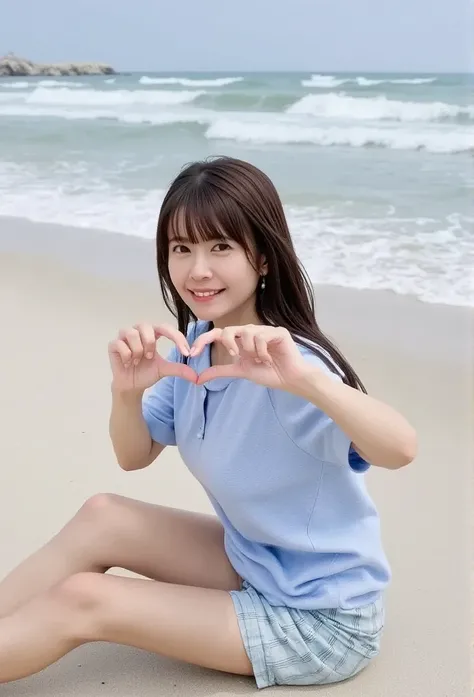 barefoot,   make a heart shape with both hands  , woman sitting on the sand with her knees bent  ,  photorealism,    YOUNG JAPANESE WOMAN ,( looking at the camera), Alone,A perfect smile,     Beautiful Dark Eyes    ,   beautiful skin  ,   Long Black Hair ,...