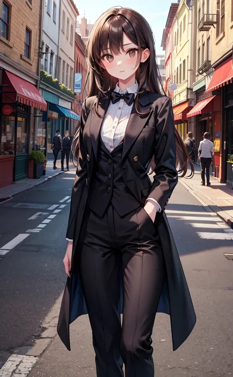  1 girl , Long Hair,  high definition , masterpiece,  is anatomically correct,  best quality,  black hair,  Tall、 slender、Reddish brown eyes、 close your mouth, Around town、 black suit、 black tie