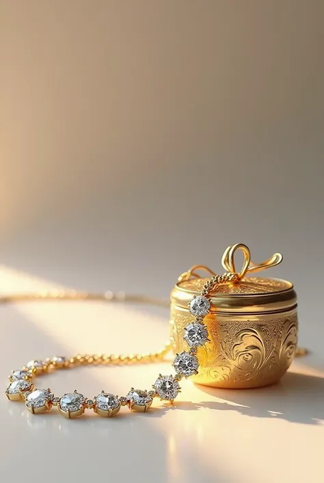 A white and shiny diamond necklace, a precious little golden box