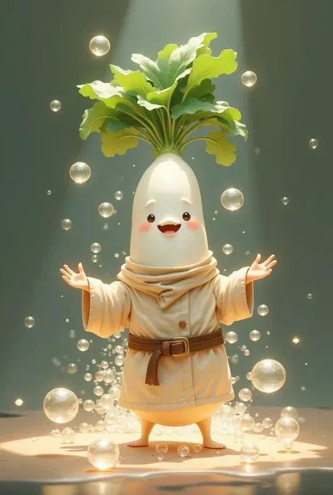 Super realistic illustration, Detailed Fantasy art, Cinema 4D rendering, A cute little wizard uses magic to create a daikon character made of magic bubbles. Many small transparent magic bubbles floating in the air gather together to form the daikon charact...