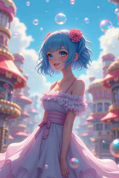 detailed colorful fantasy amusement
park, Magical Bubbles floating everywhere，Anime Girl，Gradient eyes， disheveled blue hair ， blush， charming smile ， Elegant and flowing dress ，Hair accessories，necklace， Whimsical and magical atmosphere ，Dynamic Movement，...