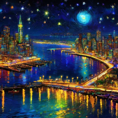 Top Quality, ((Super Detailed)), (Mixed Media Art of Pure Art and Neon Digital Art), Inspired by Van Gogh, Night Harbor Landscape, Street Lights in the Distance, Stars, Abstract, Digital Art Depicts a World of Light, Masterpiece