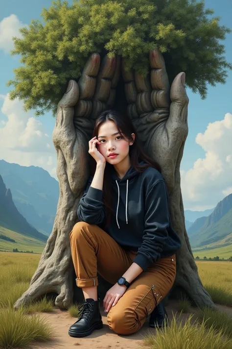 
 Conceptual photorealistic cinematic acrylic painting of stone hand with African tree inside.  The tree pictorial of beautiful Indonesian woman with smooth white skin ,  perfectly manicured face ,  hair cuffed with a little unraveling ,  wearing a black g...