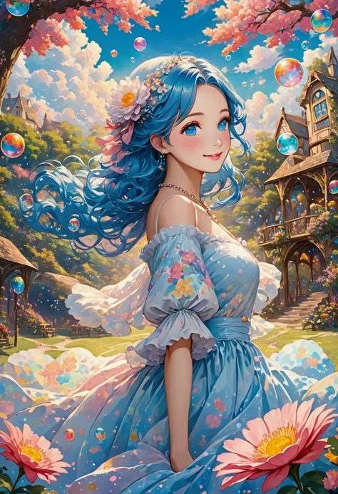 Anime girls in a magical fantasy playground， lots of flying colorful soap bubbles in a magical fantasy world，Gradient eyes， disheveled blue hair ， blush， charming smile ， Elegant and flowing dress ，Hair accessories，necklace， Whimsical and magical atmospher...