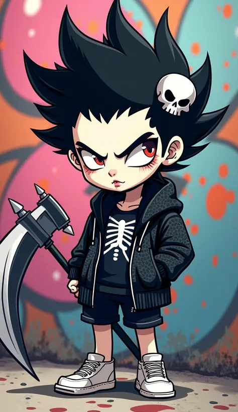 Image is a digital illustration featuring a stylized cartoon character with exaggerated features. The character has large, spiky black hair adorned with a white skull accessory. They have a pale skin tone and an intense expression with large, expressive ey...