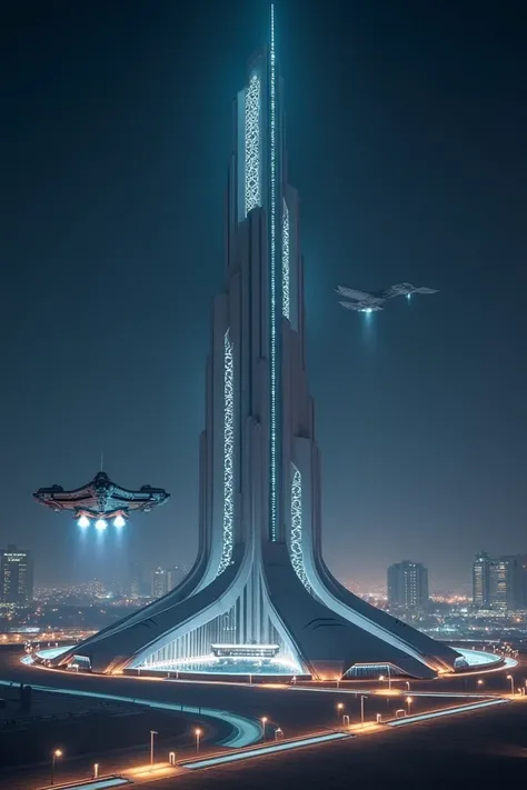 Advance motor model of Faisal masjid Pakistan the future stick technology as from the Future the aircraft spaceship is flowing about it at the midnight