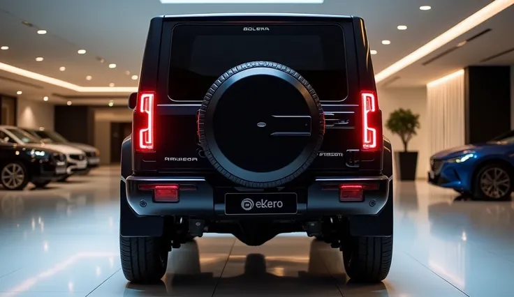 A back view of 2025 mahindra bolero in black colour in show room 