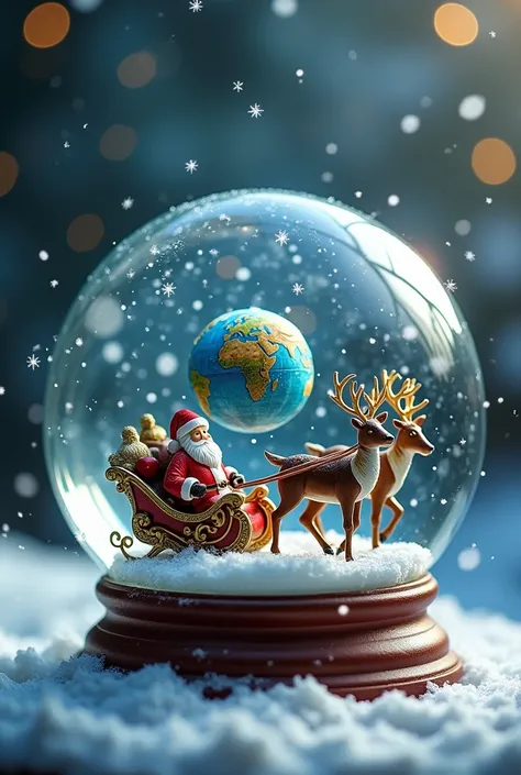 A snow globe in which a globe floats . Its snowing.  A Santa Claus sleigh with 3 reindeer flies around the world