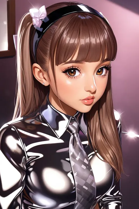 Ariana Grande buttoned in extremely tight shiny latex blouse, Necktie,Lens reflection, Reflected light, 