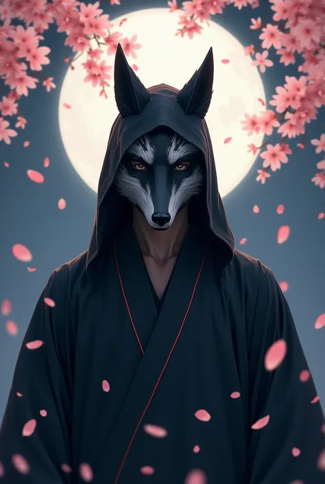 A man in kimono who conceals half of his face with a face-down fox mask
Cherry blossom petals in the moonlight