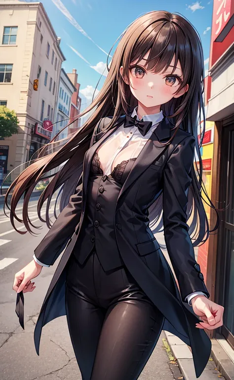  1 girl , Long Hair,  high definition , masterpiece,  is anatomically correct,  best quality,  black hair,  Tall、 slender、Reddish brown eyes、 close your mouth, Around town、 black suit、black tie、Small breasts