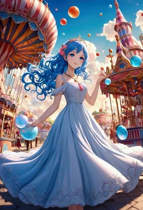 detailed colorful fantasy amusement park, Magical Bubbles floating everywhere，3d anime girl，Gradient eyes， disheveled blue hair ， blush， charming smile ， Elegant and flowing dress ，Hair accessories，necklace， Whimsical and magical atmosphere ，Dynamic Moveme...