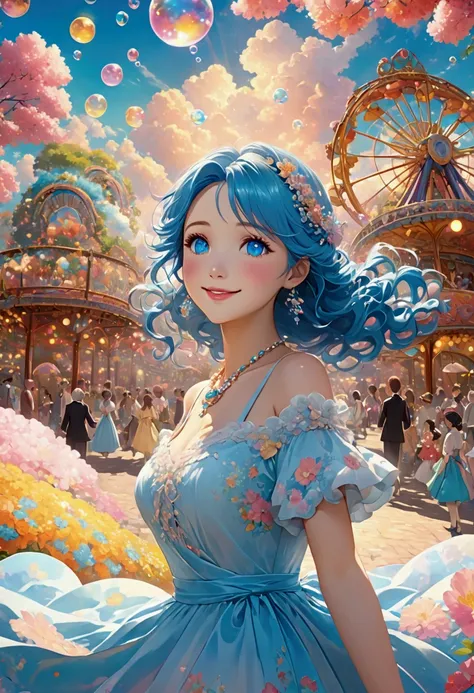 detailed colorful fantasy amusement park, Magical Bubbles floating everywhere，3d anime girl，Gradient eyes， disheveled blue hair ， blush， charming smile ， Elegant and flowing dress ，Hair accessories，necklace， Whimsical and magical atmosphere ，Dynamic Moveme...