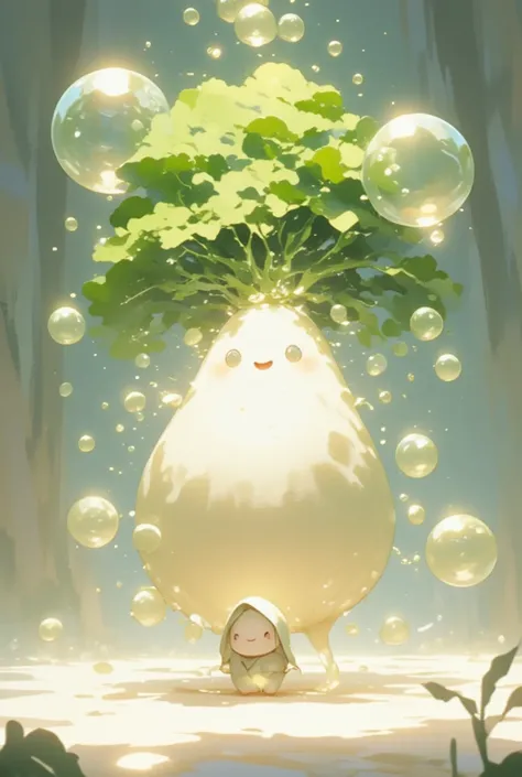 Detailed Fantasy art, A cute little wizard uses magic to create a daikon character made of magic bubbles. Many small transparent magic bubbles floating in the air gather together to form the daikon character. The surface reflection of the magic bubbles is ...