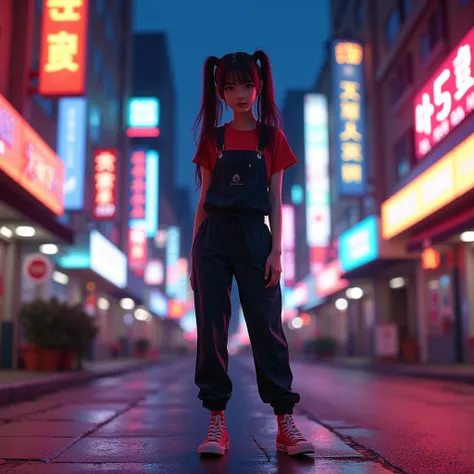  Se Korean woman with hair tie two bun ,  wearing casual jumpsuits ,  wearing Converse shoes , standing against the background of canada bullding neon,the night, hyper realitis hd 100k 