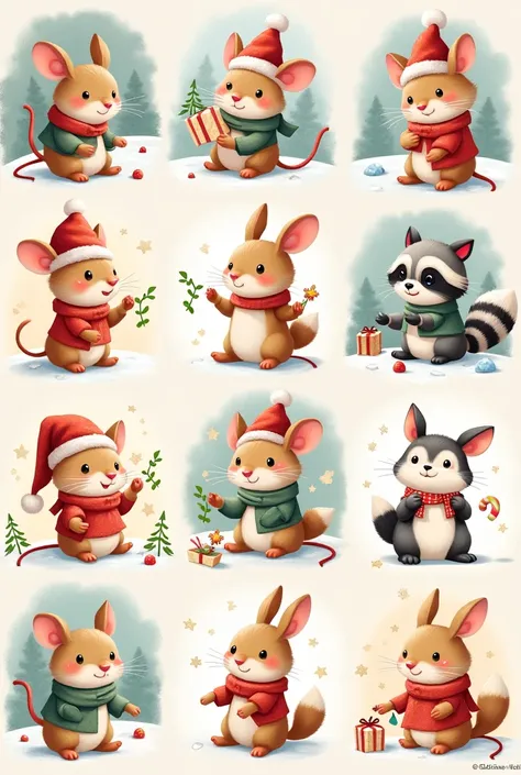 Creer moi plein de petit personnage mignon d’animaux sur le theme de noel 