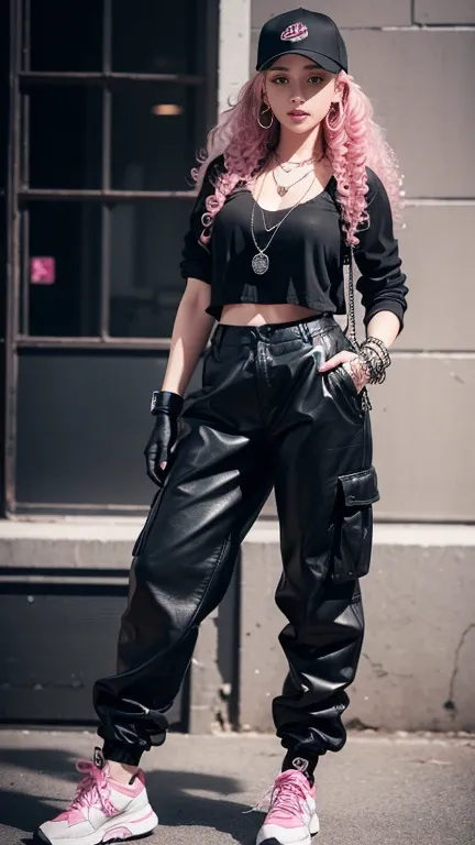 1 girl is French girl,pink hair( long hair, curly_hair),wearing all black clothes (loose fit top and wide cargo pants), black sneakers, short black leather gloves, accessories(necklace, ear_rings),black baseball cap, standing, stunning pose, Best Quality, ...