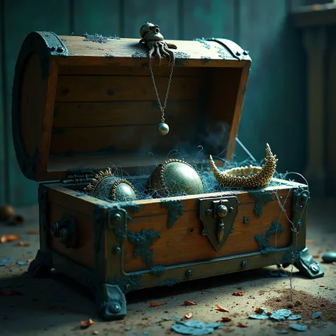 Imagine a very moldy old chest opened ,  with a spooky-looking jewel with a cobweb on it and dust place 3 jewels inside it a necklace a ring and a tiara.