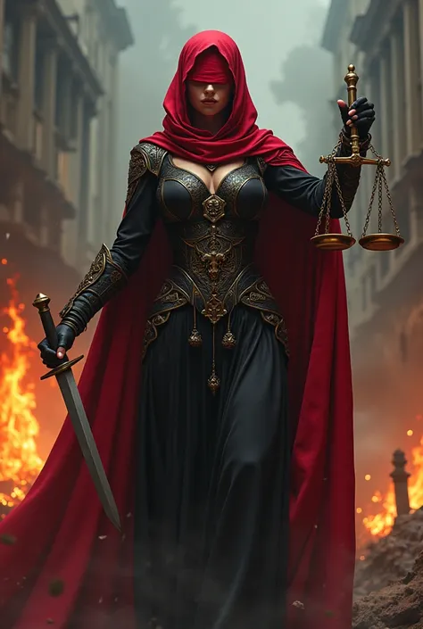 female judge with eyes covered with red cloth and wearing satanic clothing, left hand holding a knife and right hand holding a scale, burning house in the background, full body image, reaslitic