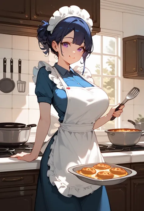 1 girl, solo, apron, kitchen, large breasts, cooking, cute face