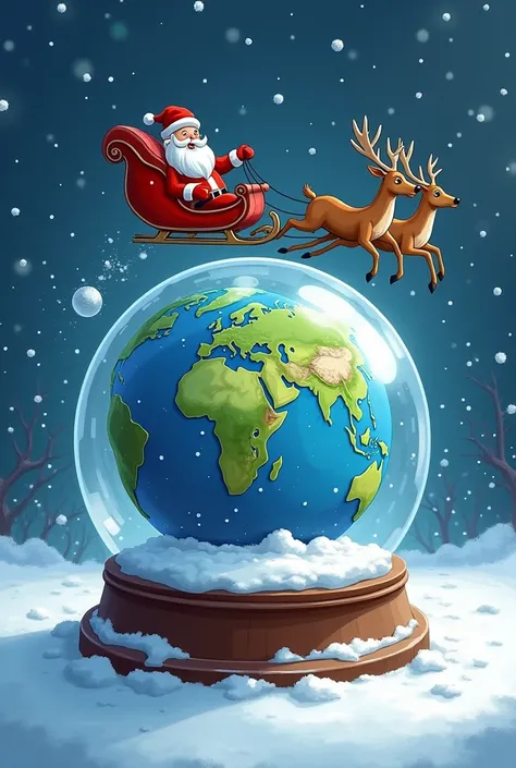 A snow globe in which a globe floats . Its snowing.  A Santa Claus sleigh with 3 reindeer flies around the world. 

The picture is painted in comic style .  Santa Clauss sleigh is smaller than the world and flies