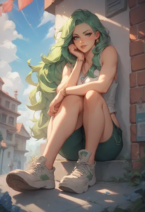 showing full body green hair long hair spats miniskirt sleeveless big boobs