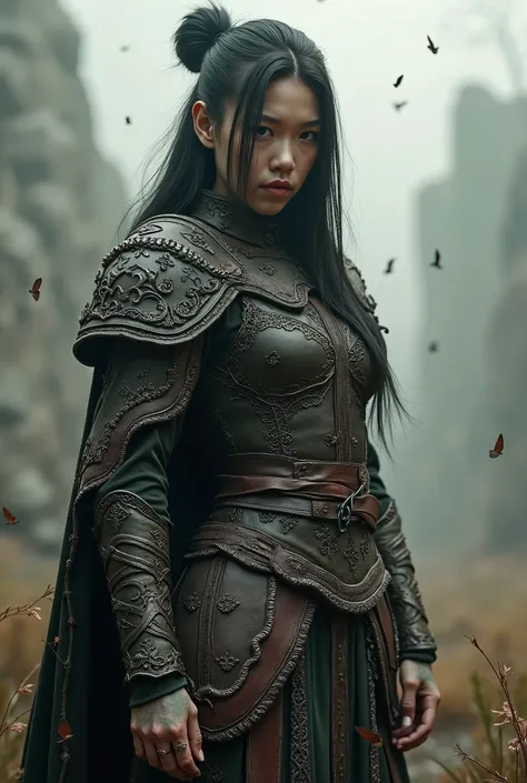 Detailed full body concept art illustration, dark soft focus, plague style oil painting on canvas, of a 20 year old Asian viking warrior girl wearing intricate costume, biological mutant, dystopia, micro details, octane render, 4K