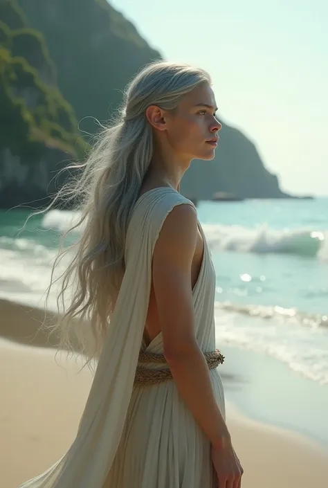 A young MALE ELF with long grey hair and blue eyes. He is on a beach. NO BEARD.