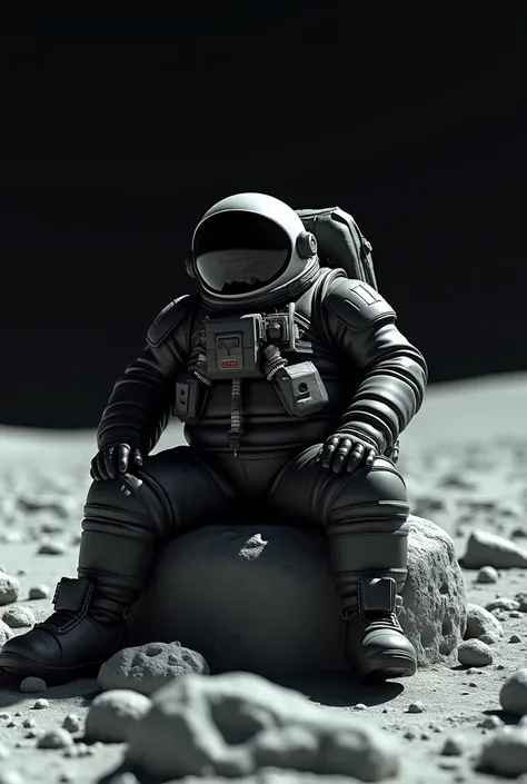 A fat astronaut wearing a black suit sitting on a rock on the moon