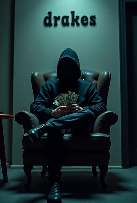  Generate an anonymous person wearing a hacker mask ,  sitting in an armchair with his legs on the table, and holding money notes in his hand . And behind him on the wall written Drakes