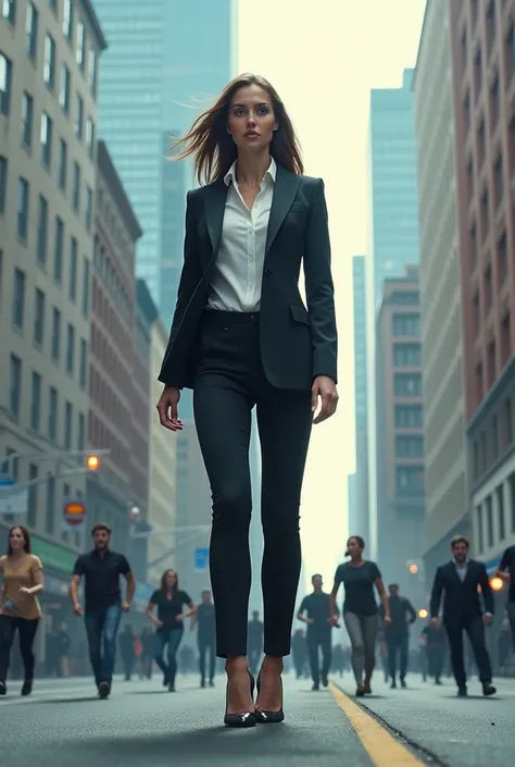 Create a 20-metre tall giant woman /She is American woman , She wears a blazer uniform , She is beautiful / people々Run away from her surroundings/ City street / ( Photorealistic ) /