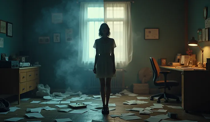 Split scene: left side shows chaos (scattered papers, broken items), right side shows order and peace (organized desk, calm environment), same woman central figure, dramatic contrast lighting --ar 16:9