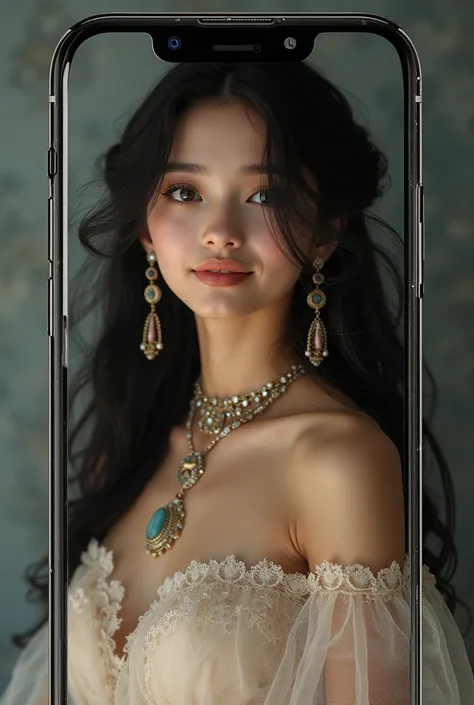 1girl, jewelry, fake_screenshot, necklace, earrings, black_hair, realistic, phone_screen, solo, english_text, smile, veil, brown_eyes, dress, lips