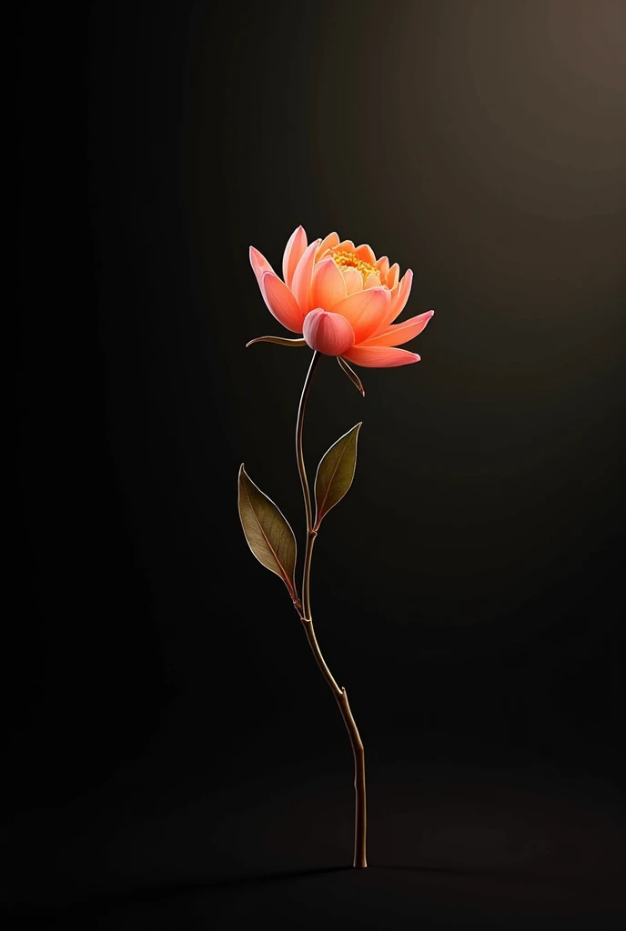 Generate the realistic image ,  minimalist silver and gold of a background of colored gradient colors of black,  intense and vibrant ,  3 point distance composition ,  very elegant and minimalist , a very small peach flower on the lower left 