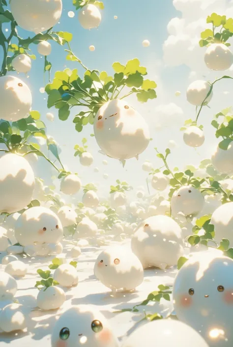 Detailed Fantasy art, Countless Cute daikon characters made of transparent magic bubbles are floating in the air. transparent magic bubbles texture. The surface reflection of the magic bubbles is beautiful and fantastic.