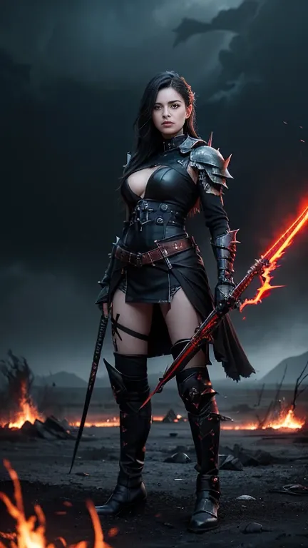 Create a scene of a fierce female Punisher in a dark fantasy world. She stands on a desolate battlefield under a stormy sky, her leather armor adorned with jagged spikes and glowing runes. She wields dual enchanted scythes, each pulsating with crimson ener...