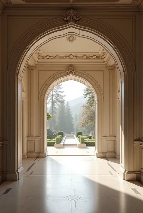 Design of the interior entrance of the villa in the form of a hexagon, each of which has the sides of the walls built on the floor and side by side