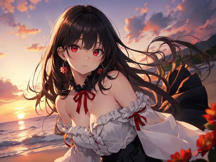 Solo, 1 Girl, (Human Ears, Earrings), (Red Eyes, Young Face,  Body Type, Flat Chest), (Black Hair, Vertical Rolls, Long Hair, Hair Tie Back With Big Red Ribbon, Flower In Bangs), (Normal Expression), (Laying Face On Air Mattress, Hands On Head, Looking At ...